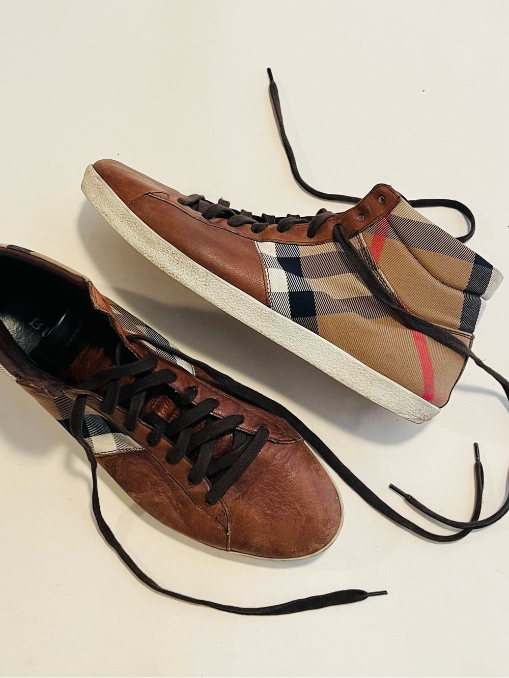 Burberry Men’s Classic Brown Leather House Check High Top Sneakers Size 43